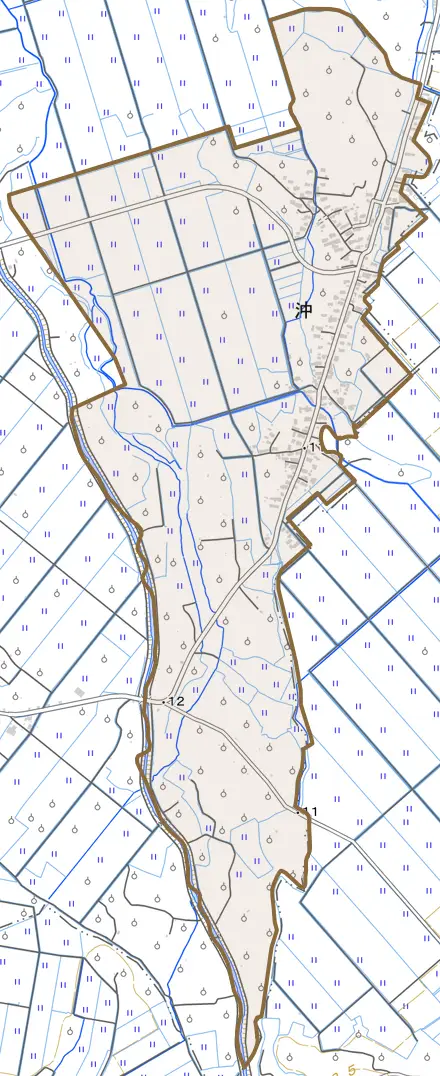 大字沖とその周辺の地図。町の範囲を重ねている