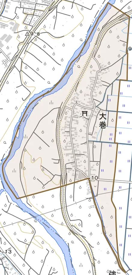 大字大巻とその周辺の地図。町の範囲を重ねている