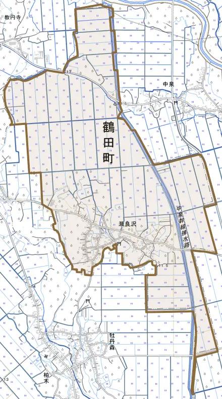 大字瀬良沢とその周辺の地図。町の範囲を重ねている