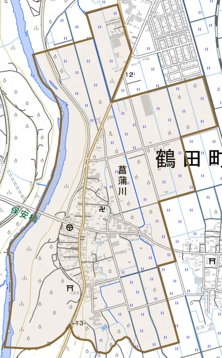 大字菖蒲川とその周辺の地図。町の範囲を重ねている