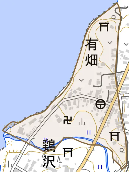有畑とその周辺の地図。町の範囲を重ねている
