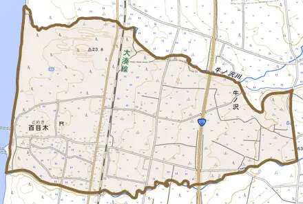 百目木とその周辺の地図。町の範囲を重ねている