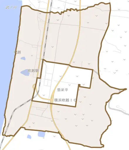 吹越とその周辺の地図。町の範囲を重ねている