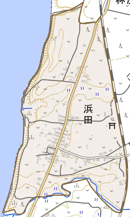 浜田とその周辺の地図。町の範囲を重ねている