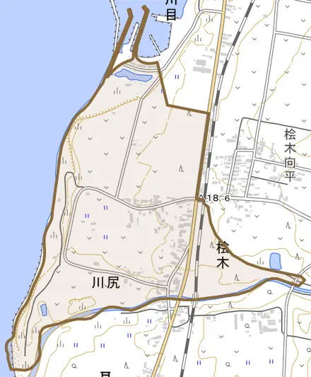 桧木とその周辺の地図。町の範囲を重ねている