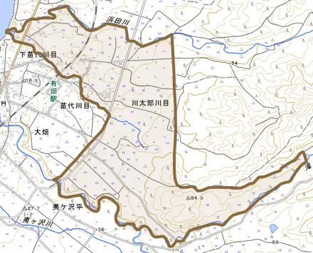 川太郎川目とその周辺の地図。町の範囲を重ねている
