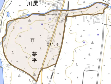 茅平とその周辺の地図。町の範囲を重ねている