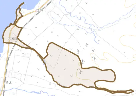 大豆田とその周辺の地図。町の範囲を重ねている