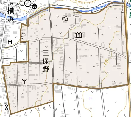 三保野とその周辺の地図。町の範囲を重ねている