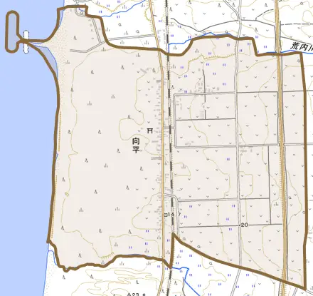 向平とその周辺の地図。町の範囲を重ねている