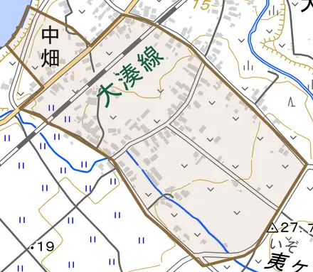 中畑とその周辺の地図。町の範囲を重ねている