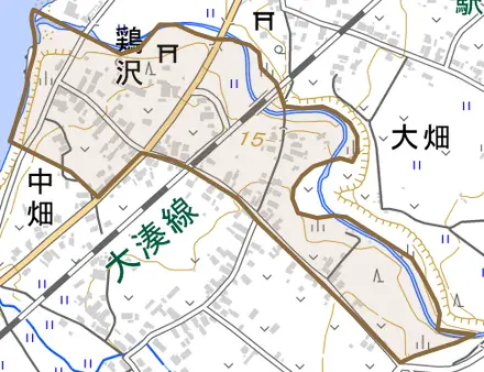 鶏沢とその周辺の地図。町の範囲を重ねている