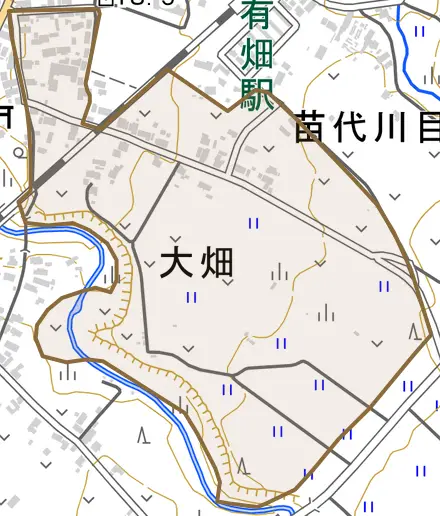 大畑とその周辺の地図。町の範囲を重ねている