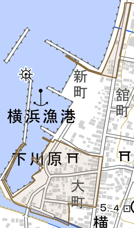 下川原とその周辺の地図。町の範囲を重ねている