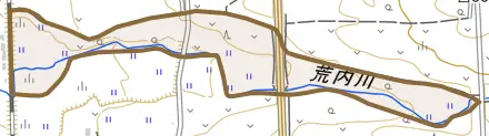 荒内とその周辺の地図。町の範囲を重ねている