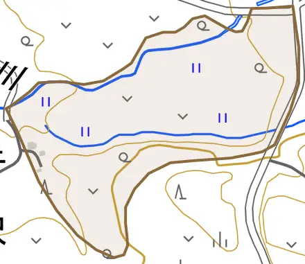 牛ノ沢とその周辺の地図。町の範囲を重ねている