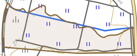 下田ノ沢とその周辺の地図。町の範囲を重ねている