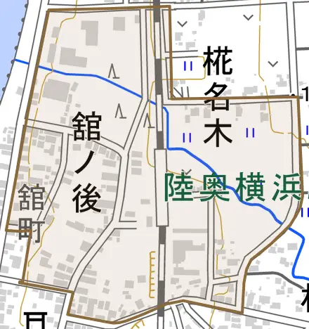 舘ノ後とその周辺の地図。町の範囲を重ねている