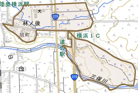 林ノ後とその周辺の地図。町の範囲を重ねている