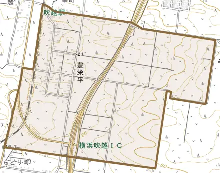豊栄平とその周辺の地図。町の範囲を重ねている