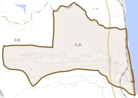 大字広瀬とその周辺の地図。町の範囲を重ねている