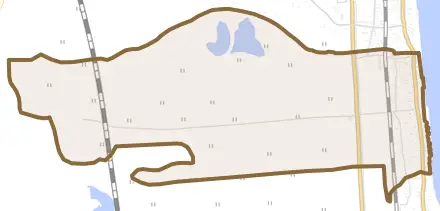 大字長科とその周辺の地図。町の範囲を重ねている