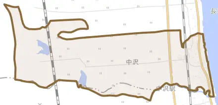 大字中沢とその周辺の地図。町の範囲を重ねている