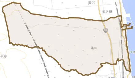 大字蓬田とその周辺の地図。町の範囲を重ねている