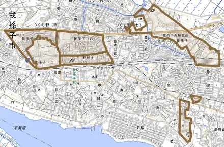 我孫子とその周辺の地図。町の範囲を重ねている