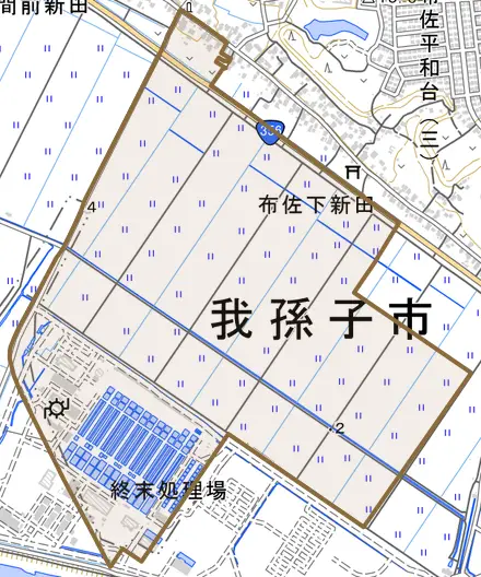相島新田とその周辺の地図。町の範囲を重ねている