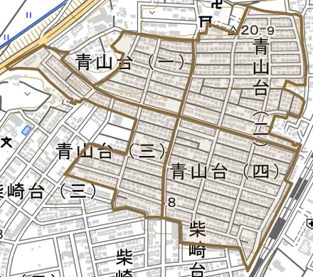 青山台とその周辺の地図。町の範囲を重ねている