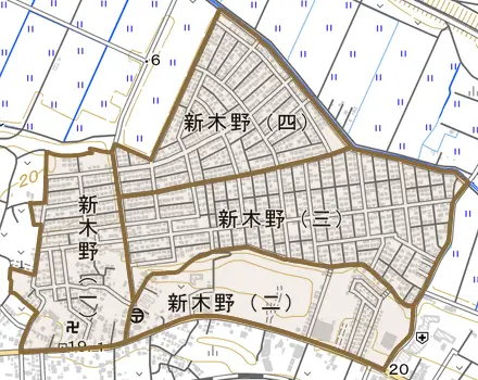 新木野とその周辺の地図。町の範囲を重ねている