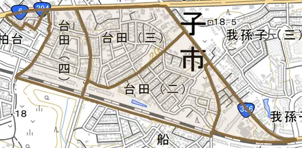 台田とその周辺の地図。町の範囲を重ねている
