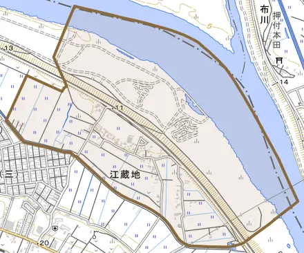 江蔵地とその周辺の地図。町の範囲を重ねている