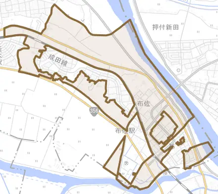 布佐とその周辺の地図。町の範囲を重ねている