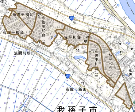 布佐平和台とその周辺の地図。町の範囲を重ねている