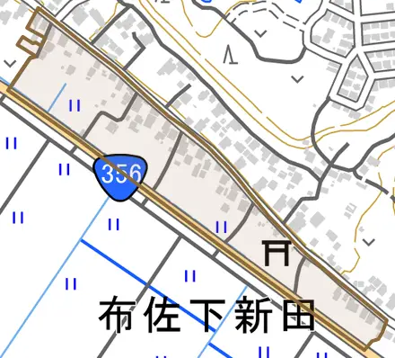 布佐下新田とその周辺の地図。町の範囲を重ねている