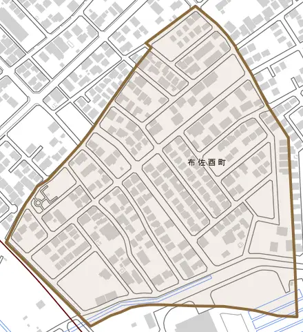 布佐酉町とその周辺の地図。町の範囲を重ねている