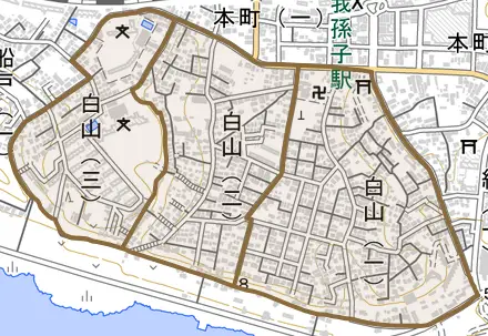 白山とその周辺の地図。町の範囲を重ねている