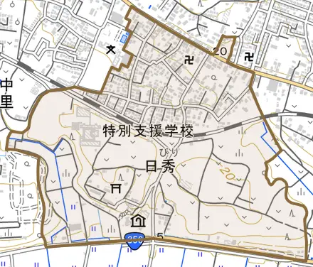 日秀とその周辺の地図。町の範囲を重ねている