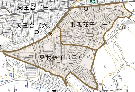 東我孫子とその周辺の地図。町の範囲を重ねている