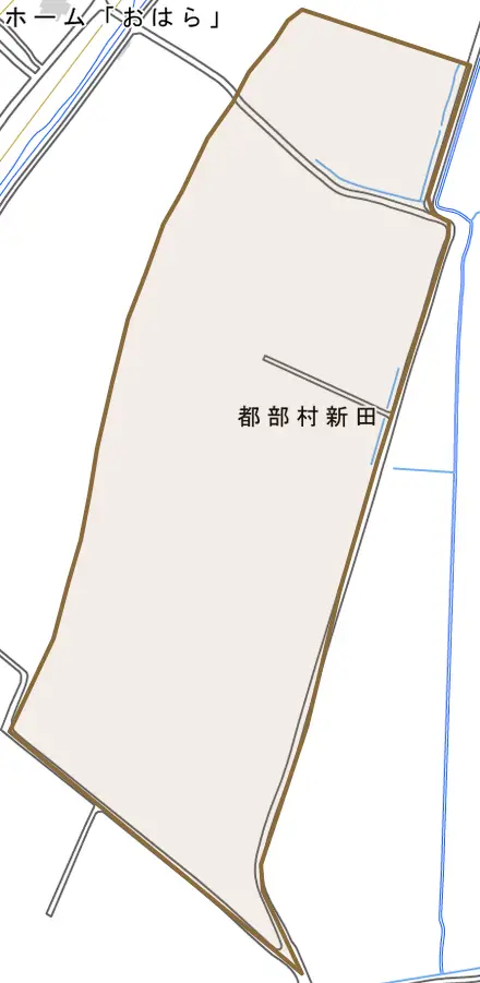 都部村新田とその周辺の地図。町の範囲を重ねている