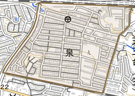 泉とその周辺の地図。町の範囲を重ねている