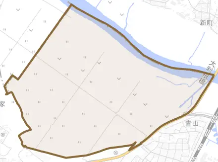 北新田とその周辺の地図。町の範囲を重ねている