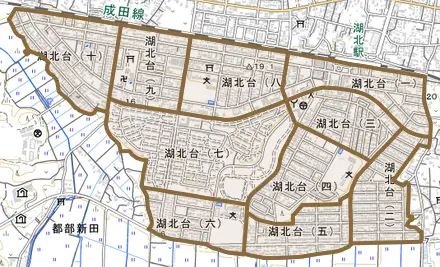湖北台とその周辺の地図。町の範囲を重ねている