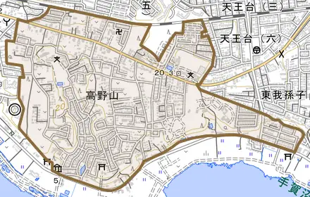 高野山とその周辺の地図。町の範囲を重ねている