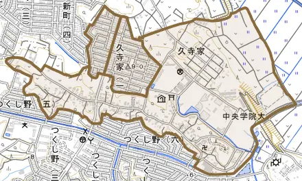 久寺家とその周辺の地図。町の範囲を重ねている