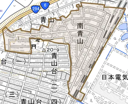 南青山とその周辺の地図。町の範囲を重ねている