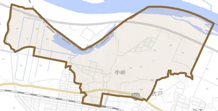 中峠とその周辺の地図。町の範囲を重ねている
