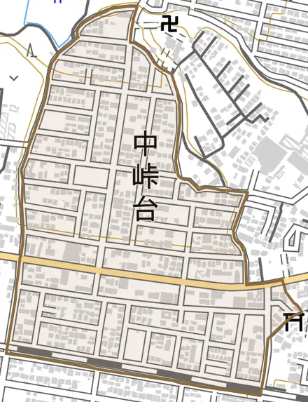 中峠台とその周辺の地図。町の範囲を重ねている